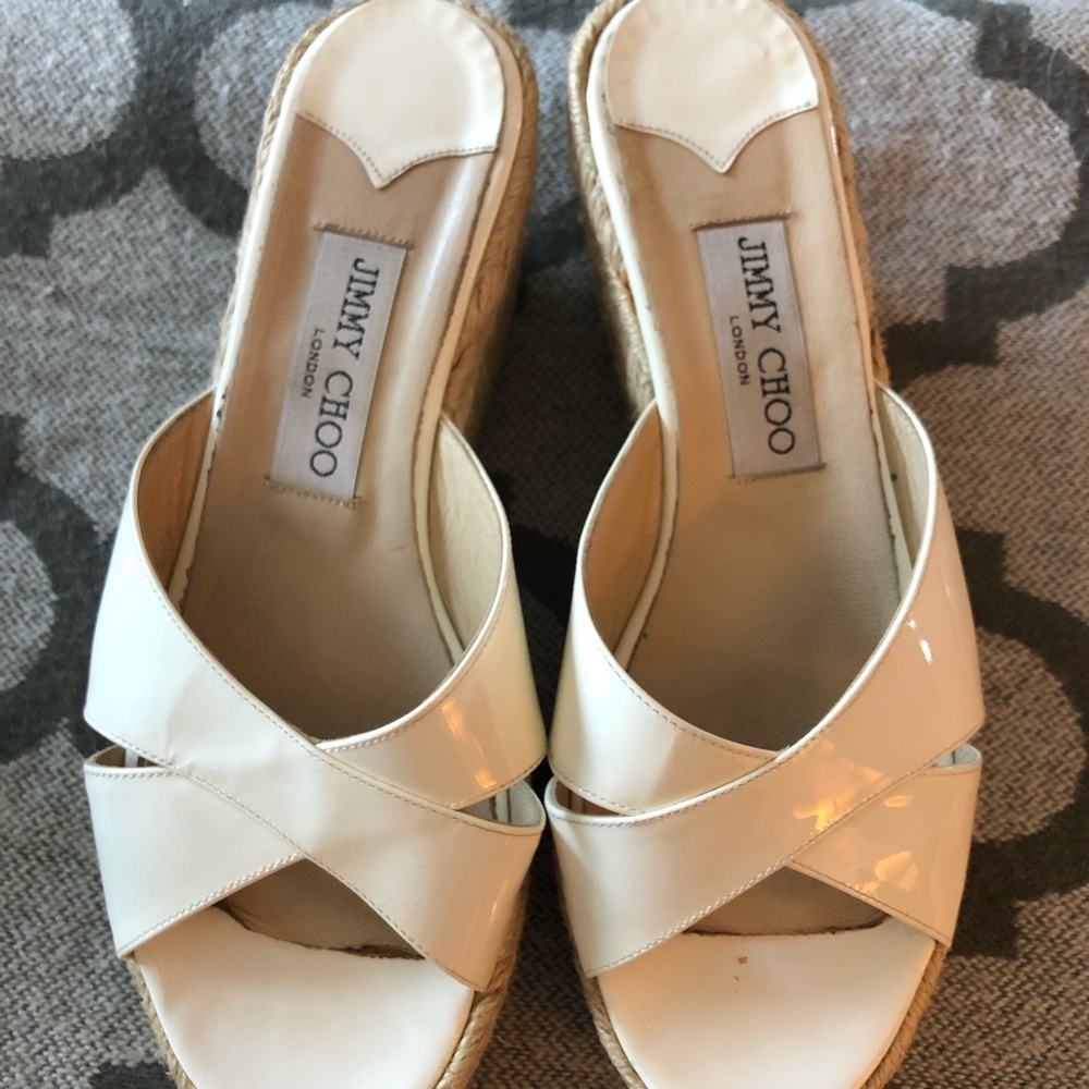 Jimmy Choo White Patent Leather Espadrille Wedge